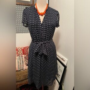 MSK Women’s Dark Blue Black White Polka Dot Dress Size 16 Short Sleeve Tie Waist